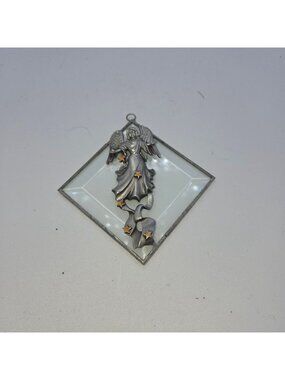 Angel Pewter Ornamen Glass Panel & Star Accents 3.5"x3.5" Stained Glass Style
